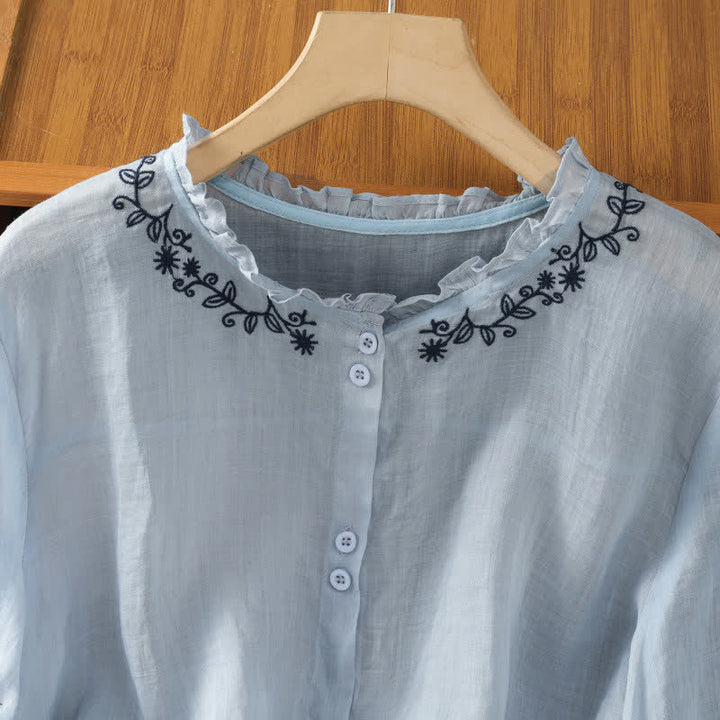 Buddha Stones Camisa de manga tres cuartos para mujer, estilo casual veraniego, color azul claro, con bordados y botones. - image 3