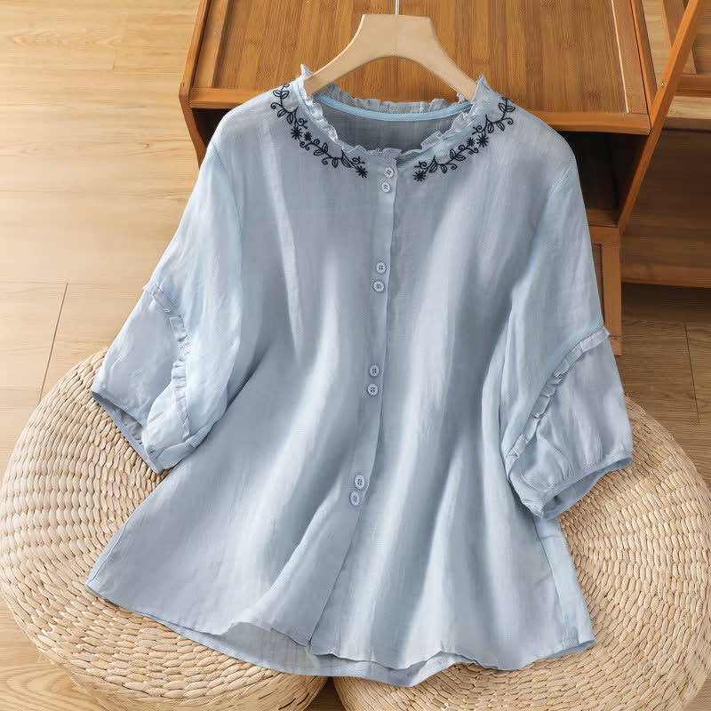 Buddha Stones Camisa de manga tres cuartos para mujer, estilo casual veraniego, color azul claro, con bordados y botones. - Azul acero claro - US8-10，UK/AU12-14，EU40-42 (2XL) - image 0