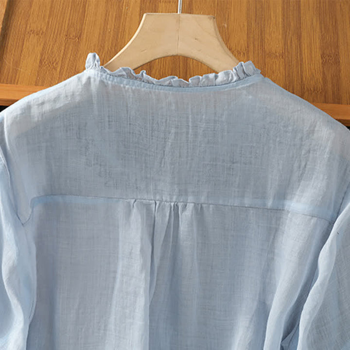 Buddha Stones Camisa de manga tres cuartos para mujer, estilo casual veraniego, color azul claro, con bordados y botones. - image 5