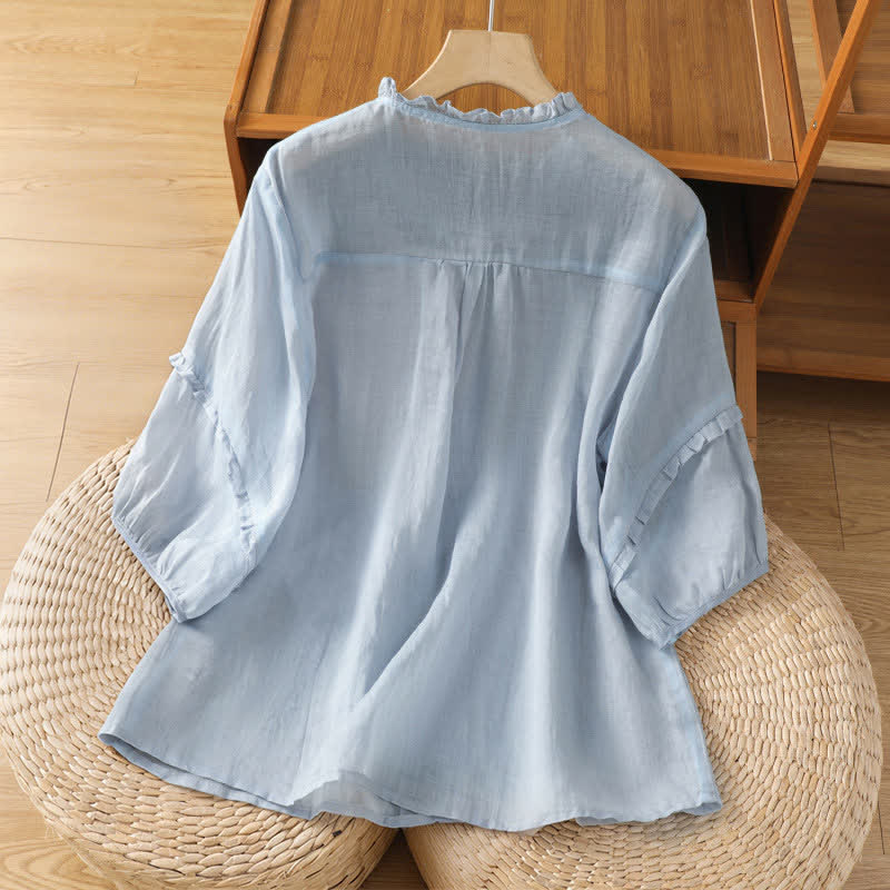 Buddha Stones Camisa de manga tres cuartos para mujer, estilo casual veraniego, color azul claro, con bordados y botones. - image 1