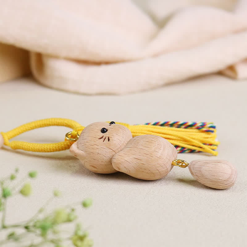 Buddha Stones Llaveros con borla hechos a mano de madera de haya con diseño de gato de la suerte - image 12