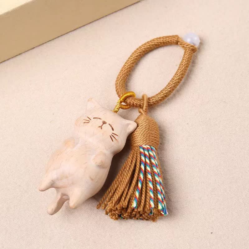 Buddha Stones Llaveros con borla de madera de haya con diseño de gato y la paz. - image 2