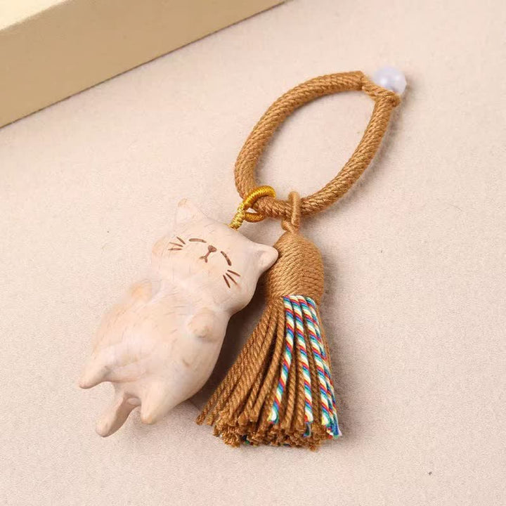Buddha Stones Llaveros con borla de madera de haya con diseño de gato y la paz. - image 2