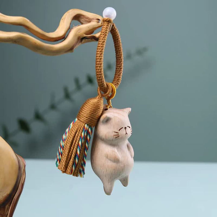 Buddha Stones Llaveros con borla de madera de haya con diseño de gato y la paz. - image 3