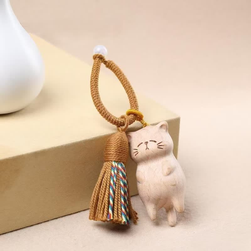 Buddha Stones Llaveros con borla de madera de haya con diseño de gato y la paz. - image 1