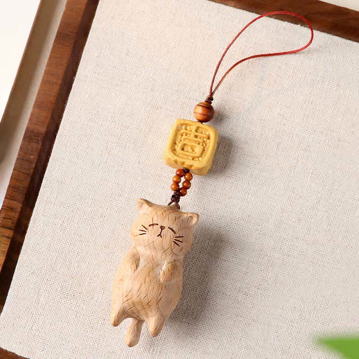 Buddha Stones Decoración colgante para teléfono con forma de gato de la suerte tallado a mano en madera de haya - image 2