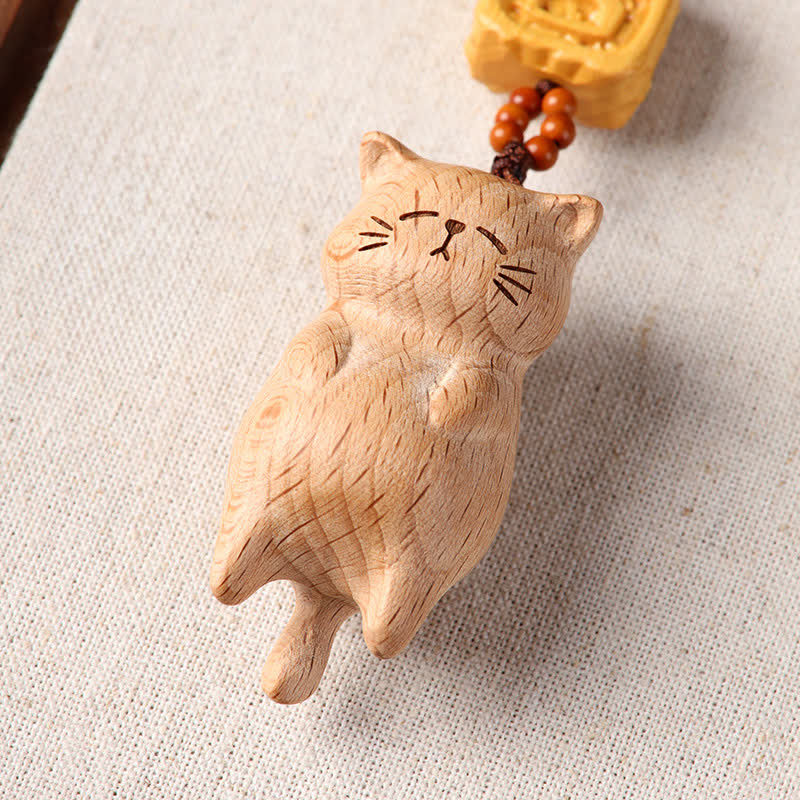 Buddha Stones Decoración colgante para teléfono con forma de gato de la suerte tallado a mano en madera de haya - image 7