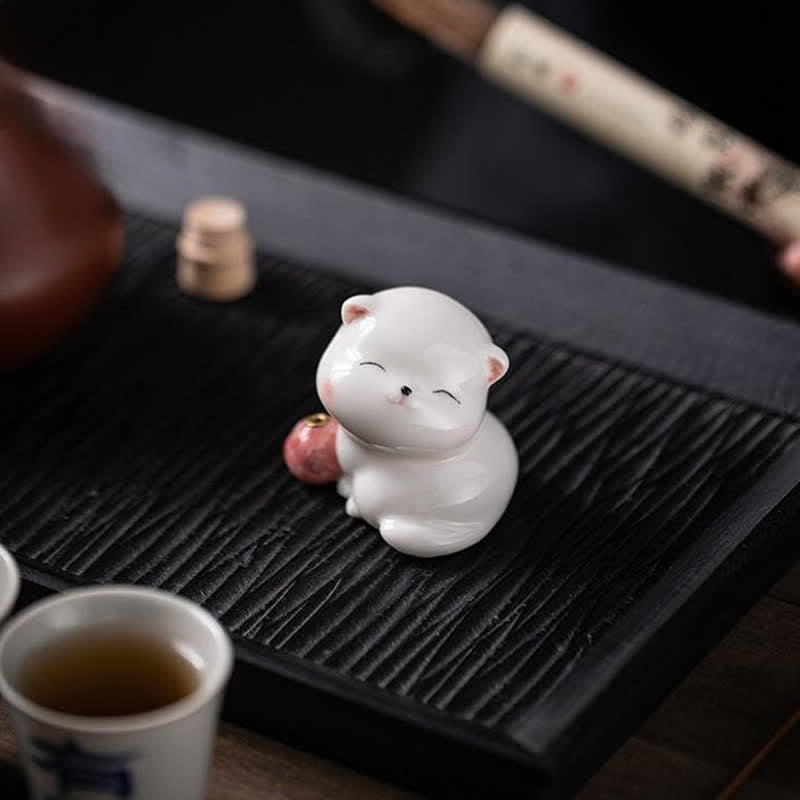 Buddha Stones Quemador de incienso minimalista de cerámica blanca con forma de gato y pompón (sin incienso) - image 7