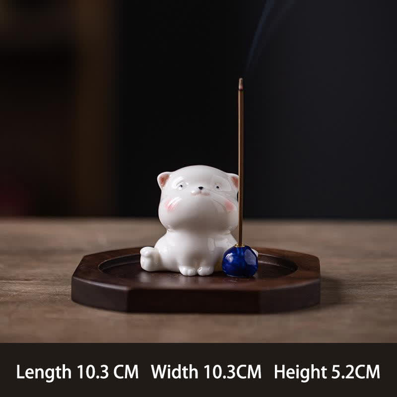 Buddha Stones Quemador de incienso minimalista de cerámica blanca con forma de gato y pompón (sin incienso) - Azul con base - image 13