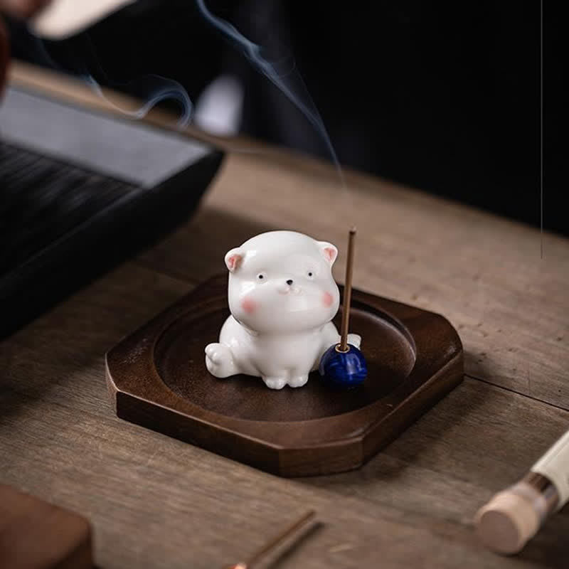 Buddha Stones Quemador de incienso minimalista de cerámica blanca con forma de gato y pompón (sin incienso) - image 14