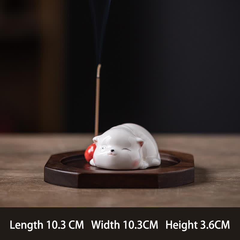 Buddha Stones Quemador de incienso minimalista de cerámica blanca con forma de gato y pompón (sin incienso) - Rojo con base - image 17