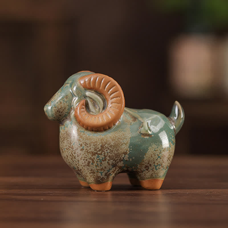 Buddha Stones Decoración con animales adorables: Carnero del zodiaco chino, esmalte de cambio de horno, símbolo de prosperidad. - Figura de carnero verde moteado - image 3