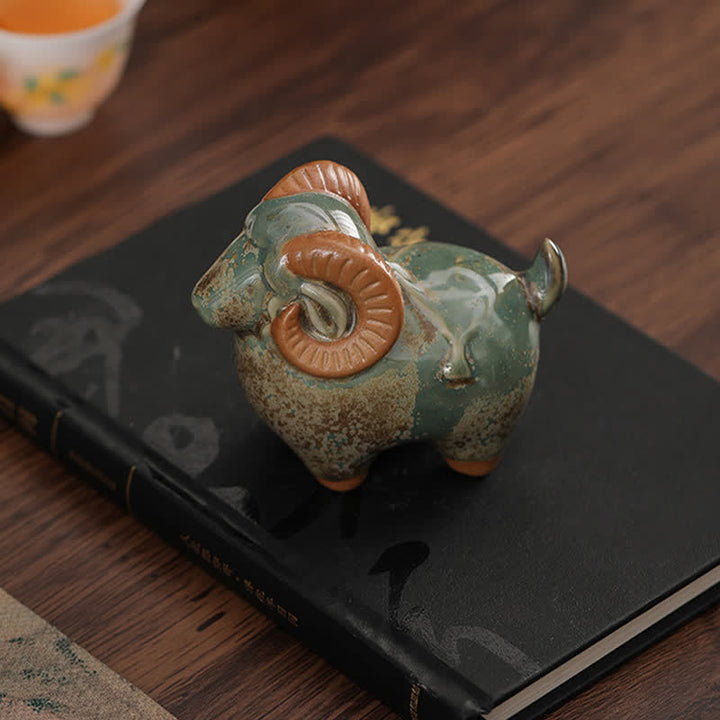 Buddha Stones Decoración con animales adorables: Carnero del zodiaco chino, esmalte de cambio de horno, símbolo de prosperidad. - image 4