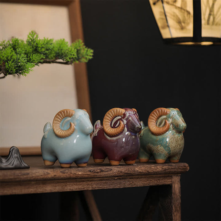 Buddha Stones Decoración con animales adorables: Carnero del zodiaco chino, esmalte de cambio de horno, símbolo de prosperidad. - image 2