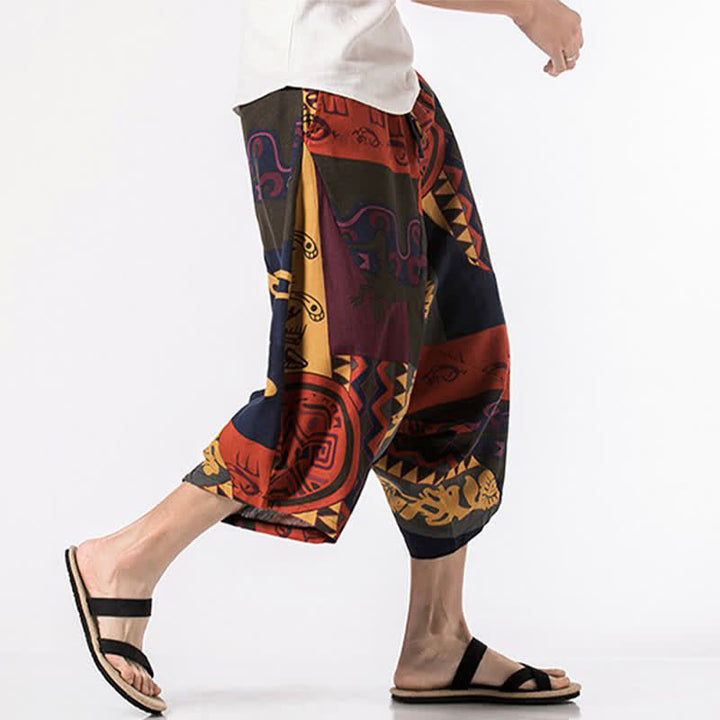 Buddha Stones Pantalones capri de lino y algodón con estampado floral y cordón ajustable, estilo bohemio veraniego para hombre. - image 9