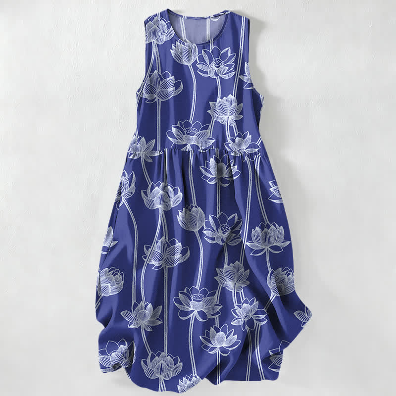 Buddha Stones Vestido midi de verano informal para mujer con estampado de loto y diseño lineal, sin mangas y con bolsillos. - Azul real - US16，UK/AU20，EU48 (3XL) - image 0