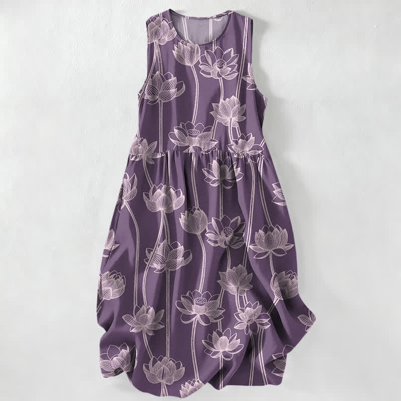 Buddha Stones Vestido midi de verano informal para mujer con estampado de loto y diseño lineal, sin mangas y con bolsillos. - Ciruela - US16，UK/AU20，EU48 (3XL) - image 4