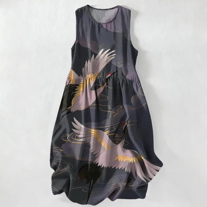 Buddha Stones Vestido midi de verano informal para mujer con estampado de grullas voladoras y olas, sin mangas y con bolsillos. - Negro - US16，UK/AU20，EU48 (3XL) - image 0