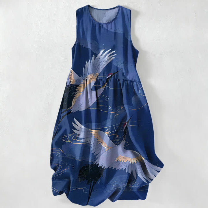 Buddha Stones Vestido midi de verano informal para mujer con estampado de grullas voladoras y olas, sin mangas y con bolsillos. - Marina de guerra - US16，UK/AU20，EU48 (3XL) - image 4