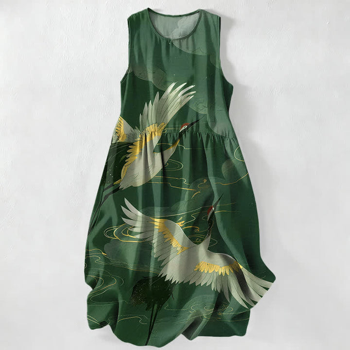 Buddha Stones Vestido midi de verano informal para mujer con estampado de grullas voladoras y olas, sin mangas y con bolsillos. - Verde bosque - US16，UK/AU20，EU48 (3XL) - image 5