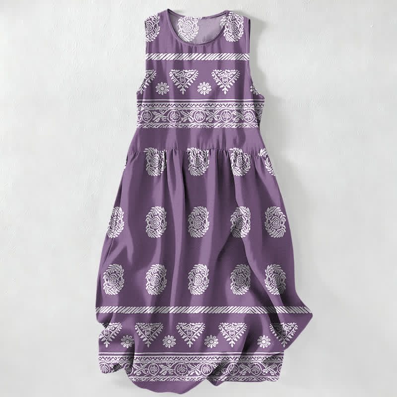 Buddha Stones Vestido midi de verano informal para mujer con estampado geométrico de medallones y rayas, sin mangas y con bolsillos. - Morado medio - US16，UK/AU20，EU48 (3XL) - image 5