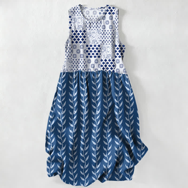 Buddha Stones Vestido midi de verano informal para mujer con estampado geométrico de enredaderas y bolsillos. - Azul acero - US16，UK/AU20，EU48 (3XL) - image 0