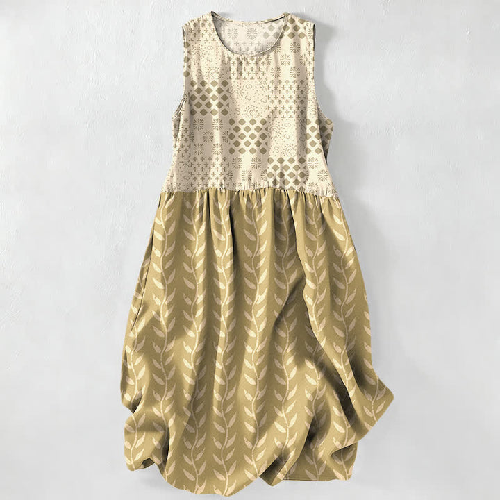 Buddha Stones Vestido midi de verano informal para mujer con estampado geométrico de enredaderas y bolsillos. - Caqui - US16，UK/AU20，EU48 (3XL) - image 5