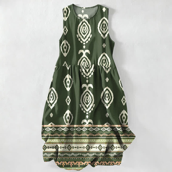 Buddha Stones Vestido midi de verano informal para mujer con estampado geométrico tribal y bordes, sin mangas y con bolsillos. - Verde oliva oscuro - US16，UK/AU20，EU48 (3XL) - image 0