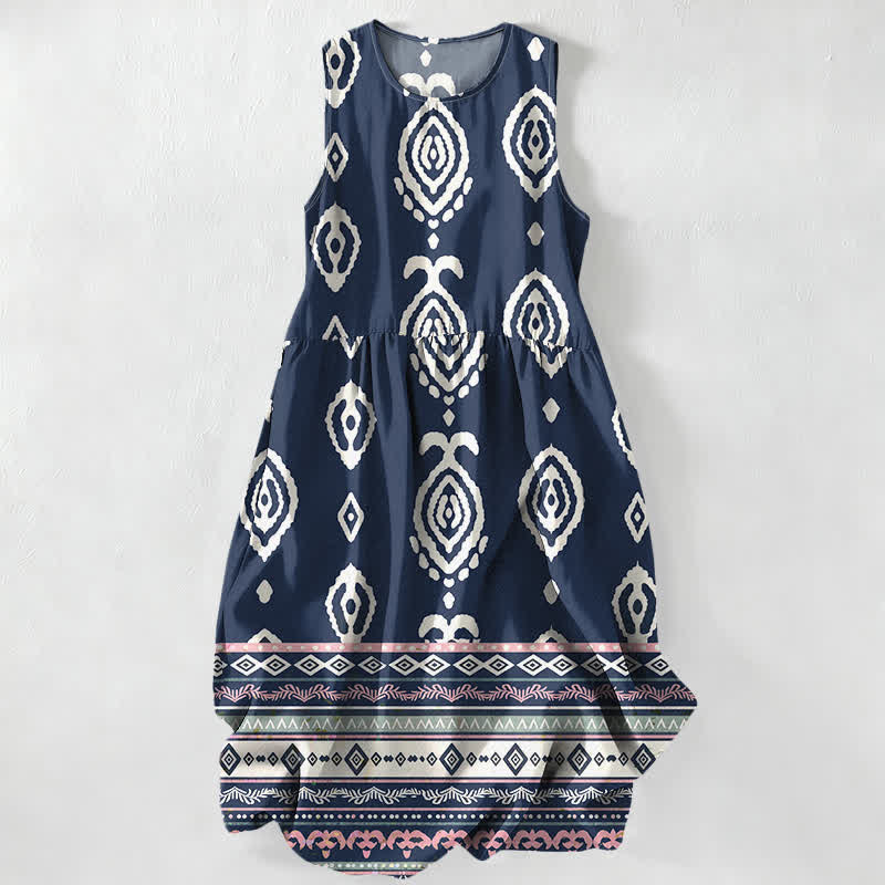 Buddha Stones Vestido midi de verano informal para mujer con estampado geométrico tribal y bordes, sin mangas y con bolsillos. - Marina de guerra - US16，UK/AU20，EU48 (3XL) - image 4