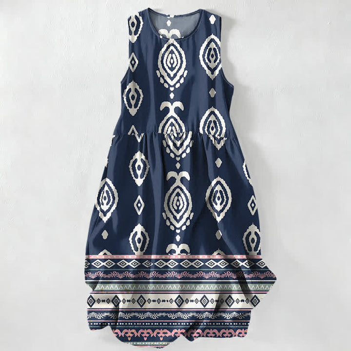 Buddha Stones Vestido midi de verano informal para mujer con estampado geométrico tribal y bordes, sin mangas y con bolsillos. - Marina de guerra - US16，UK/AU20，EU48 (3XL) - image 4