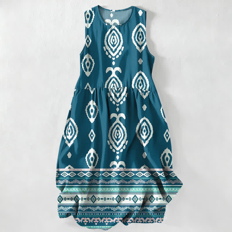 Buddha Stones Vestido midi de verano informal para mujer con estampado geométrico tribal y bordes, sin mangas y con bolsillos. - Verde azulado - US16，UK/AU20，EU48 (3XL) - image 5