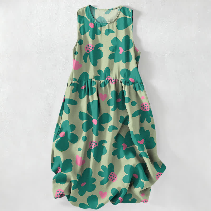 Buddha Stones Vestido midi de verano informal para mujer con estampado floral verde de corazones y sin mangas, con bolsillos. - Verde pálido - US16，UK/AU20，EU48 (3XL) - image 4