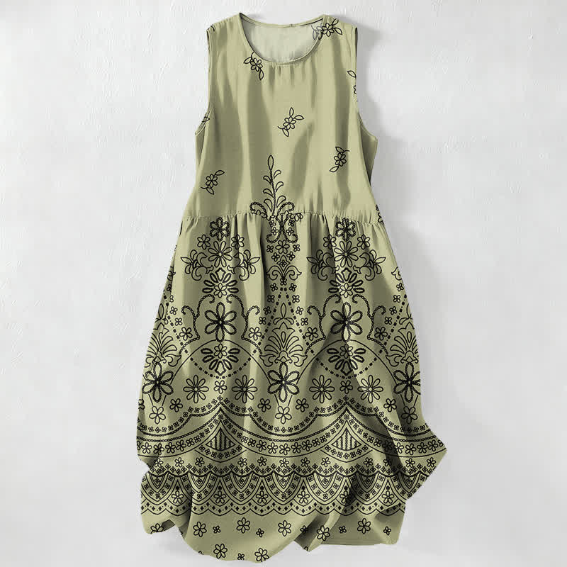 Buddha Stones Vestido midi de verano informal bohemio con estampado floral y bolsillos para mujer. - Aceituna - US16，UK/AU20，EU48 (3XL) - image 0