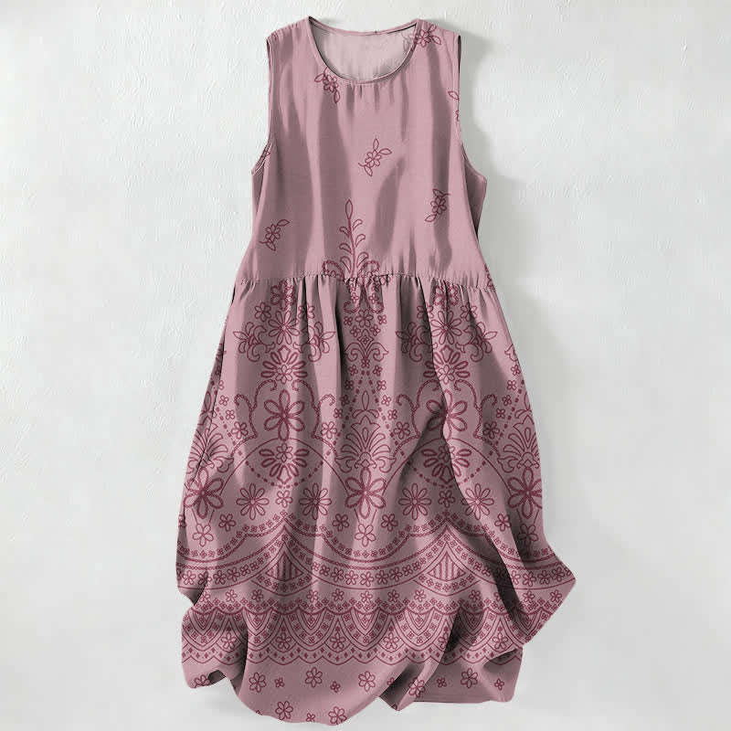Buddha Stones Vestido midi de verano informal bohemio con estampado floral y bolsillos para mujer. - Rojo violeta pálido - US16，UK/AU20，EU48 (3XL) - image 4