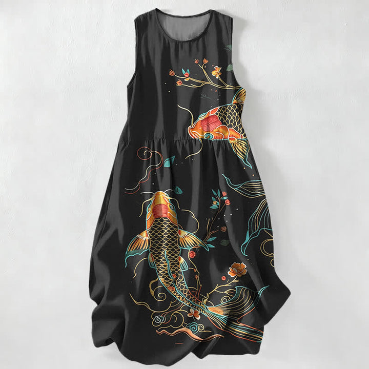 Buddha Stones Vestido midi de verano informal para mujer con estampado floral de olas y peces koi, sin mangas y con bolsillos. - Negro - US16，UK/AU20，EU48 (3XL) - image 0