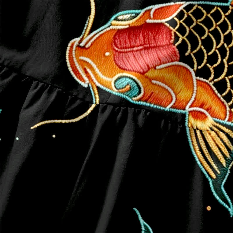 Buddha Stones Vestido midi de verano informal para mujer con estampado floral de olas y peces koi, sin mangas y con bolsillos. - image 1