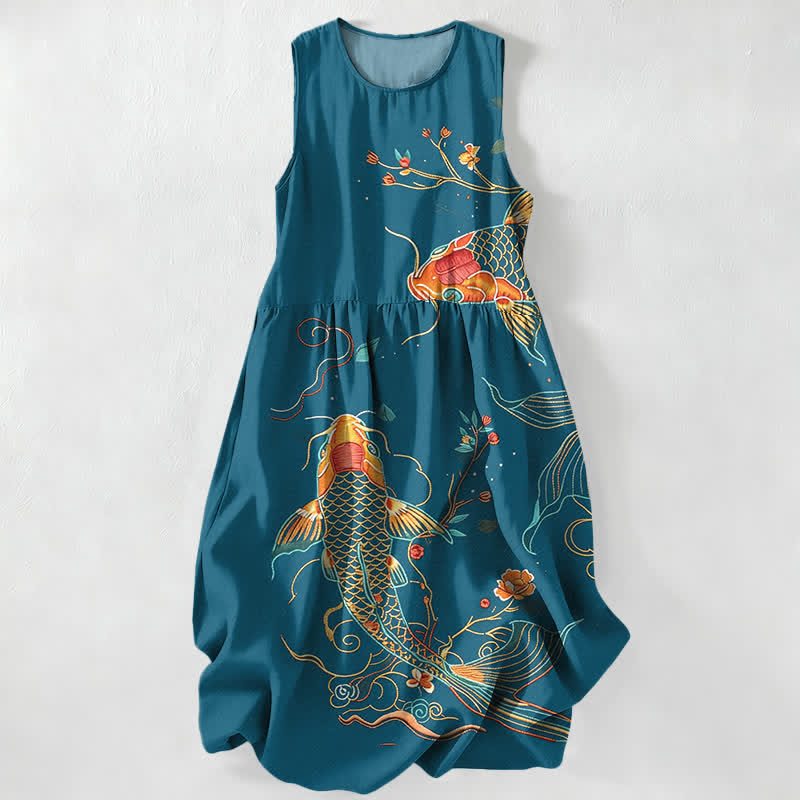Buddha Stones Vestido midi de verano informal para mujer con estampado floral de olas y peces koi, sin mangas y con bolsillos. - Verde azulado - US16，UK/AU20，EU48 (3XL) - image 4