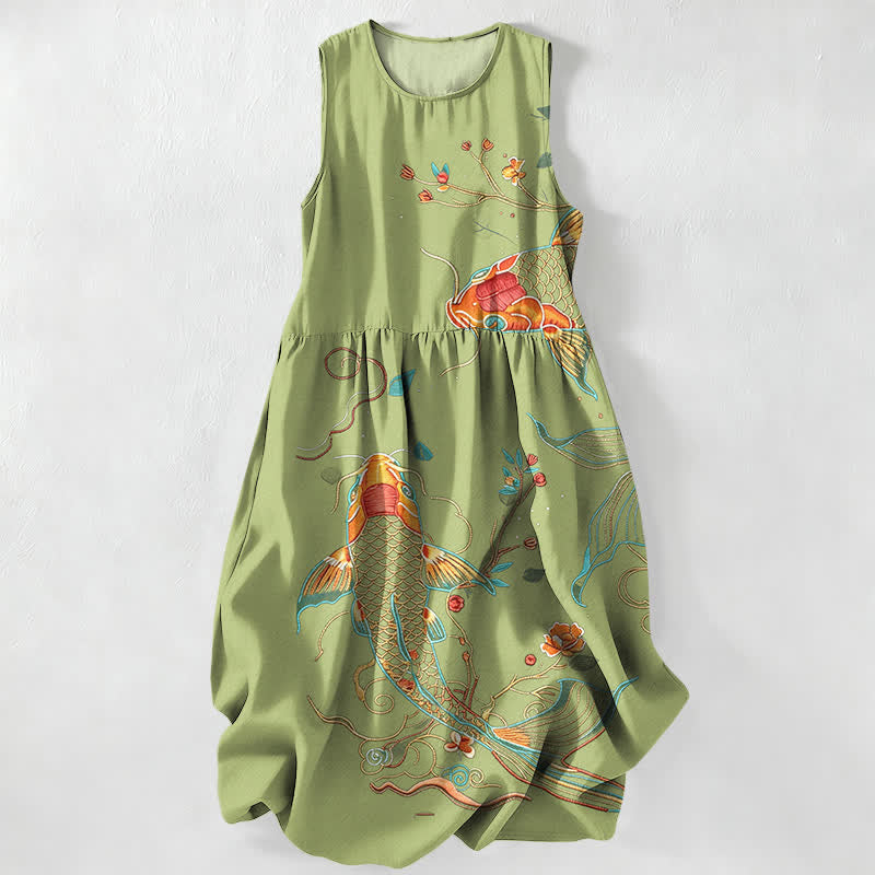 Buddha Stones Vestido midi de verano informal para mujer con estampado floral de olas y peces koi, sin mangas y con bolsillos. - Verde oliva - US16，UK/AU20，EU48 (3XL) - image 5
