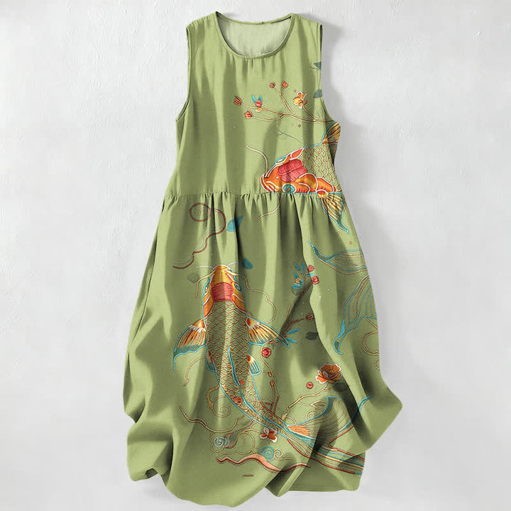 Buddha Stones Vestido midi de verano informal para mujer con estampado floral de olas y peces koi, sin mangas y con bolsillos. - Verde oliva - US16，UK/AU20，EU48 (3XL) - image 5