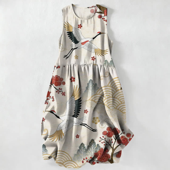 Buddha Stones Vestido midi de verano informal para mujer con estampado de grullas y flores de ciruelo, sin mangas y con bolsillos. - Marfil - US16，UK/AU20，EU48 (3XL) - image 0