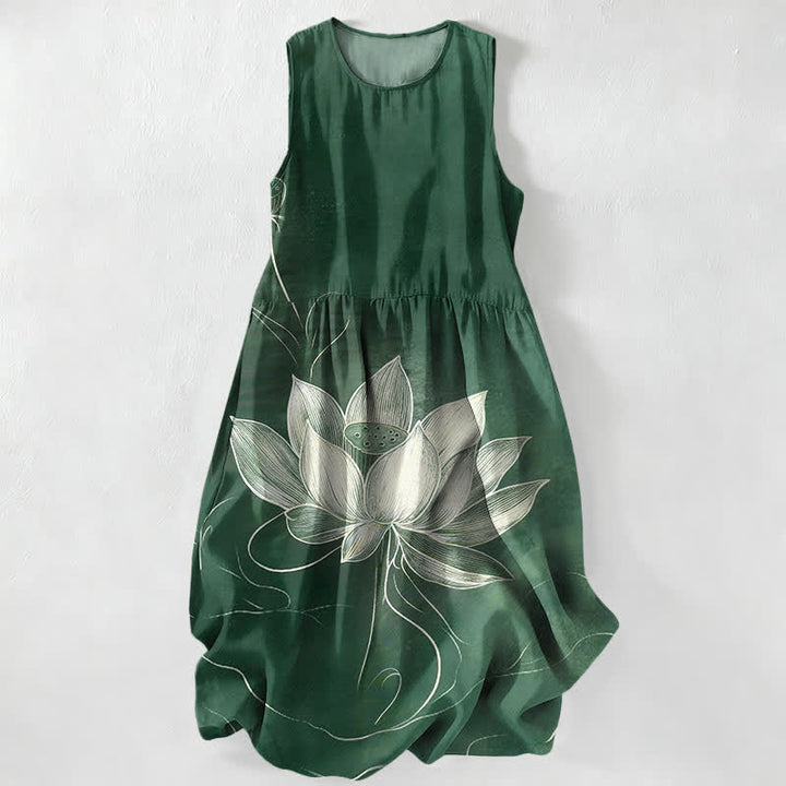 Buddha Stones Vestido midi de verano informal para mujer con estampado de flor de loto y bolsillos. - Verde bosque - US16，UK/AU20，EU48 (3XL) - image 0