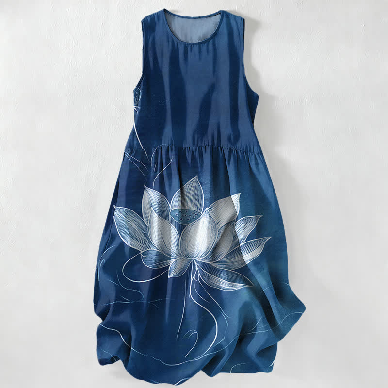 Buddha Stones Vestido midi de verano informal para mujer con estampado de flor de loto y bolsillos. - Marina de guerra - US16，UK/AU20，EU48 (3XL) - image 4