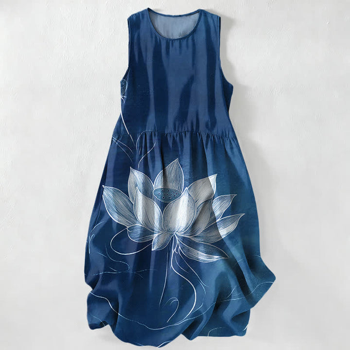 Buddha Stones Vestido midi de verano informal para mujer con estampado de flor de loto y bolsillos. - Marina de guerra - US16，UK/AU20，EU48 (3XL) - image 4