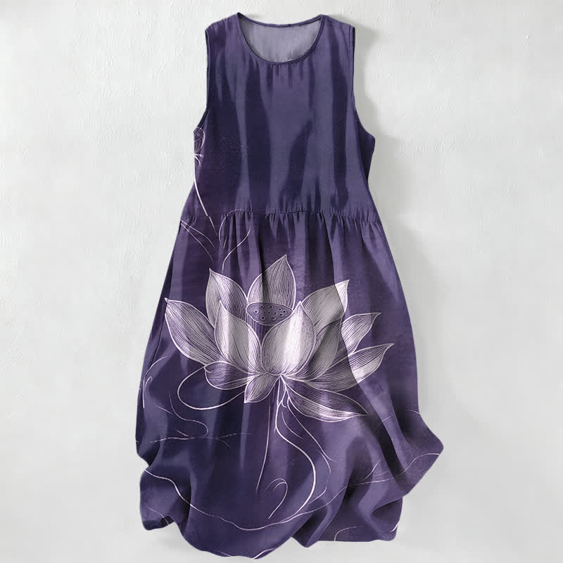 Buddha Stones Vestido midi de verano informal para mujer con estampado de flor de loto y bolsillos. - Índigo - US16，UK/AU20，EU48 (3XL) - image 5