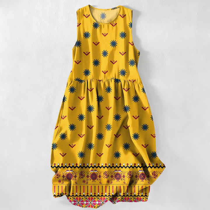 Buddha Stones Vestido midi de verano informal estilo bohemio con estampado floral geométrico para mujer, sin mangas y con bolsillos. - Oro - US16，UK/AU20，EU48 (3XL) - image 0