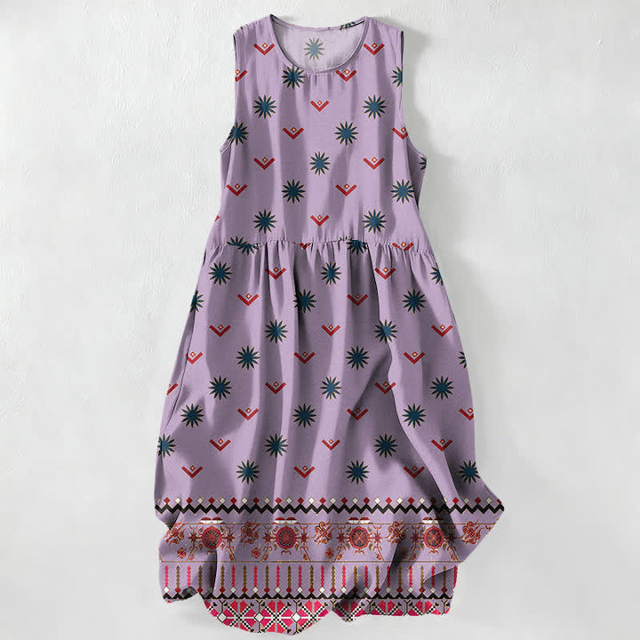 Buddha Stones Vestido midi de verano informal estilo bohemio con estampado floral geométrico para mujer, sin mangas y con bolsillos. - Lavanda - US16，UK/AU20，EU48 (3XL) - image 4