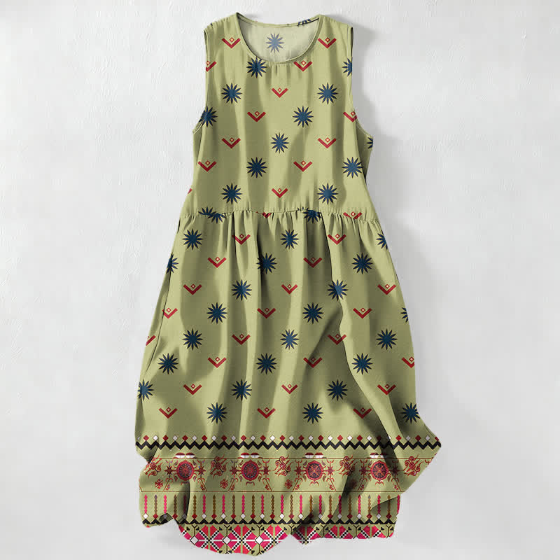 Buddha Stones Vestido midi de verano informal estilo bohemio con estampado floral geométrico para mujer, sin mangas y con bolsillos. - Verde claro - US16，UK/AU20，EU48 (3XL) - image 5
