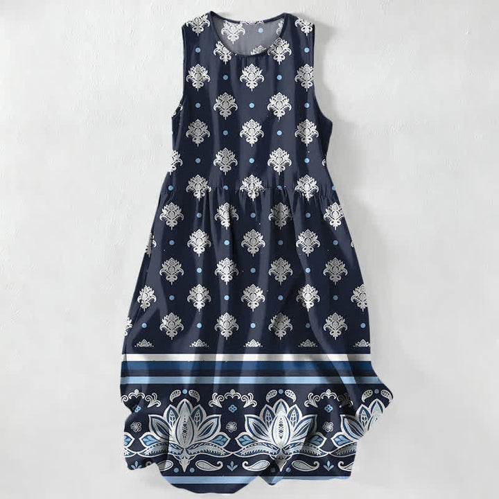 Buddha Stones Vestido midi de verano informal para mujer con estampado floral y borde de loto, sin mangas y con bolsillos. - Marina de guerra - US16，UK/AU20，EU48 (3XL) - image 0