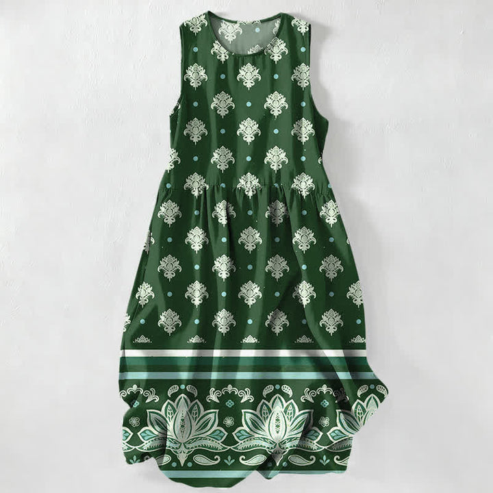 Buddha Stones Vestido midi de verano informal para mujer con estampado floral y borde de loto, sin mangas y con bolsillos. - Verde bosque - US16，UK/AU20，EU48 (3XL) - image 5