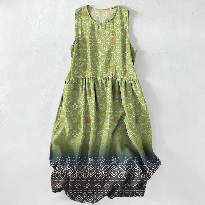 Buddha Stones Vestido midi de verano informal bohemio con estampado geométrico floral para mujer, sin mangas y con bolsillos. - Verde claro - US16，UK/AU20，EU48 (3XL) - image 0
